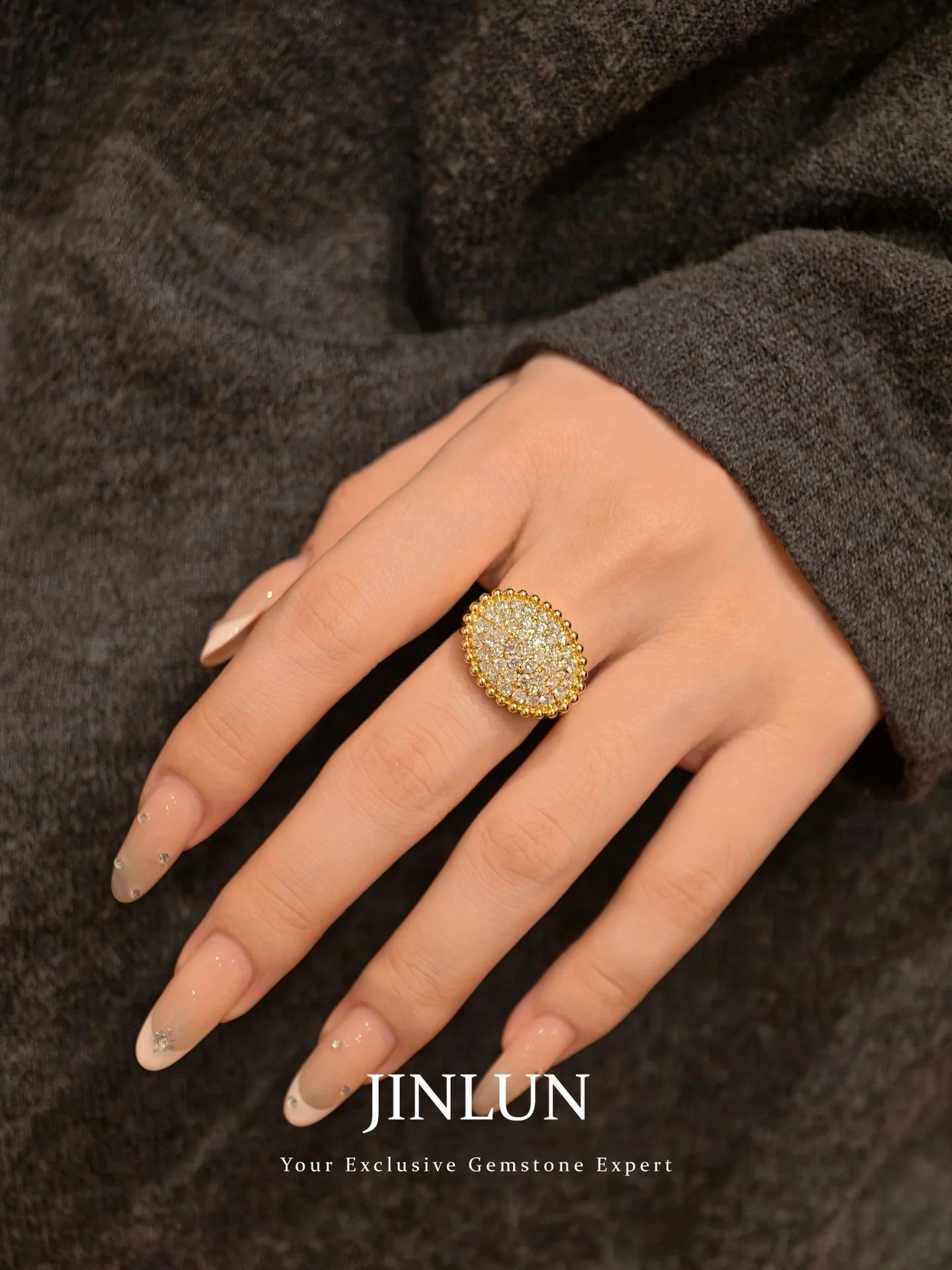 Round-face ring 001 · Worn angle (supplied photograph)
